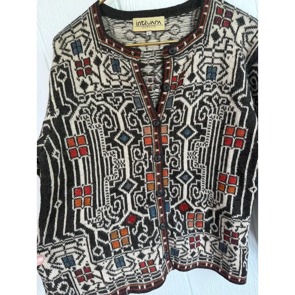 Vintage Intiwara Alpaca Wool Handmade Cardigan Sweater Print Large
